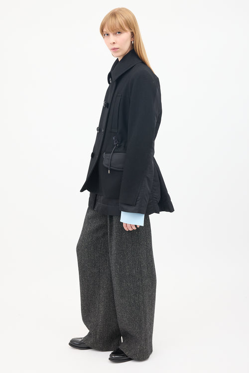 Sacai Black Wool & Nylon Drawstring Waist Pea Coat