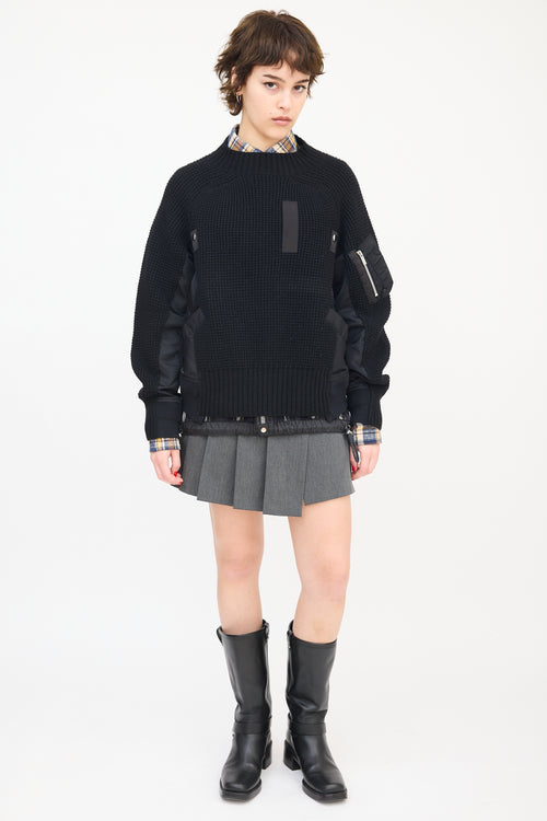 Sacai Black Wool & Nylon Panelled Mock Neck Sweater