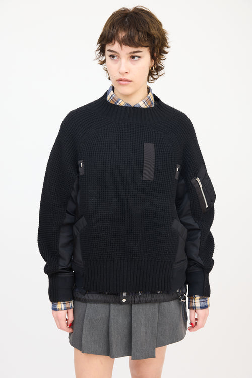 Sacai Black Wool & Nylon Panelled Mock Neck Sweater