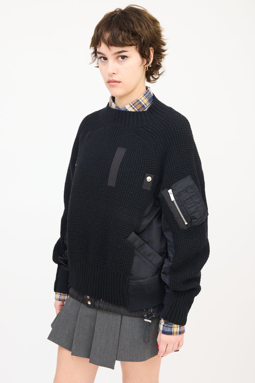 Sacai Black Wool & Nylon Panelled Mock Neck Sweater