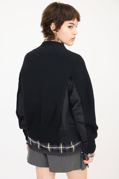 Sacai Black Wool & Nylon Panelled Mock Neck Sweater