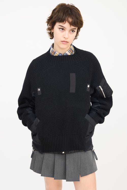 Sacai Black Wool & Nylon Panelled Mock Neck Sweater