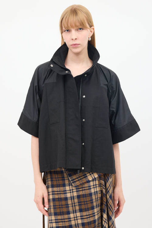 Sacai Black Cotton & Nylon Panelled Short Sleeve Cape Jacket