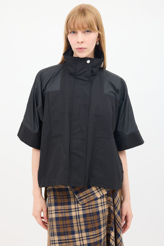 Sacai Black Cotton & Nylon Panelled Short Sleeve Cape Jacket