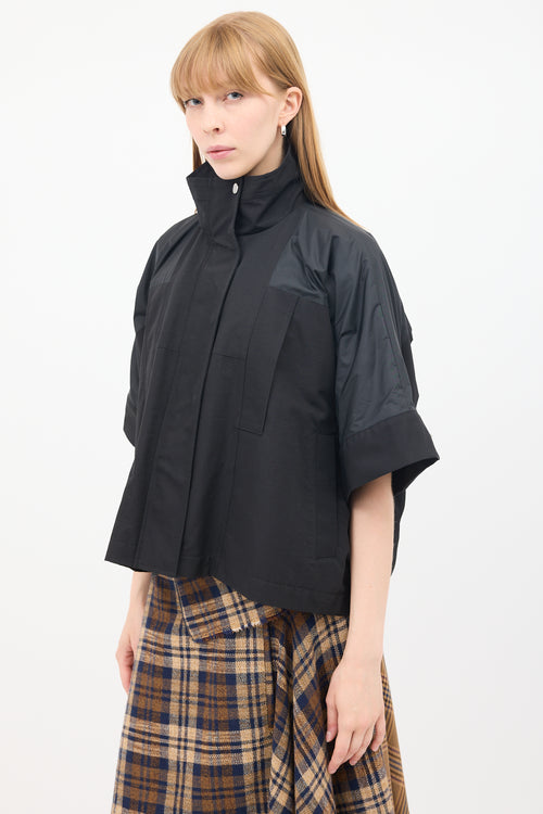 Sacai Black Cotton & Nylon Panelled Short Sleeve Cape Jacket