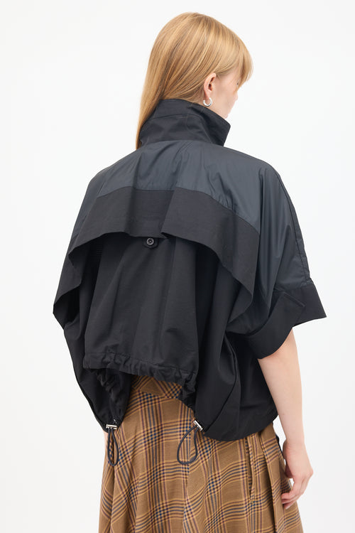 Sacai Black Cotton & Nylon Panelled Short Sleeve Cape Jacket