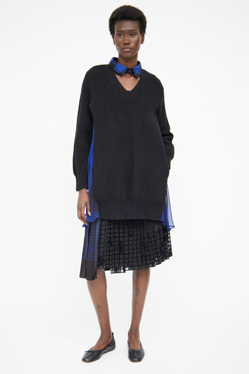 Sacai Black & Blue Check Wool & Draped Long Sleeve Top