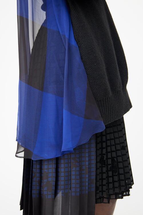 Sacai Black & Blue Check Wool & Draped Long Sleeve Top
