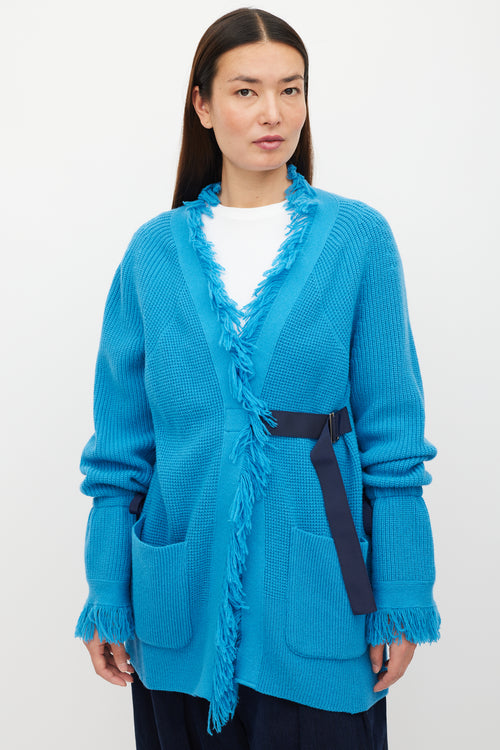 Sacai Blue Wool Fringe Knit Cardigan