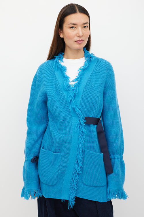 Sacai Blue Wool Fringe Knit Cardigan