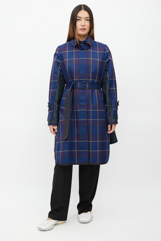 Sacai Fall 2018 Navy Plaid & Nylon Belted Coat