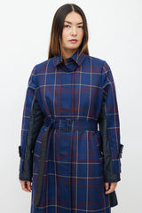 Sacai Fall 2018 Navy Plaid & Nylon Belted Coat
