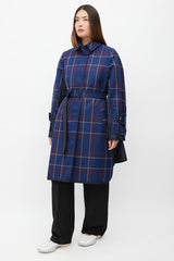 Sacai Fall 2018 Navy Plaid & Nylon Belted Coat