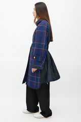 Sacai Fall 2018 Navy Plaid & Nylon Belted Coat