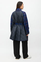 Sacai Fall 2018 Navy Plaid & Nylon Belted Coat
