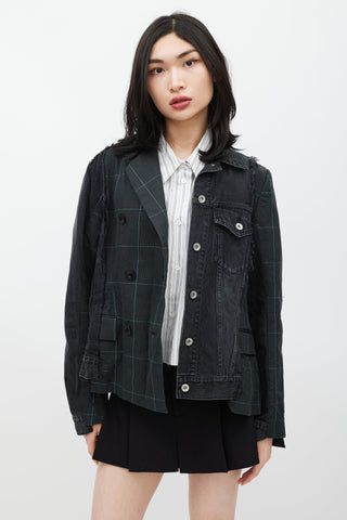 Sacai Grey & Green Asymmetrical Denim Blazer Jacket