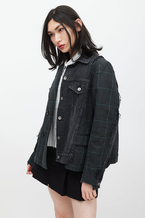 Sacai Grey & Green Asymmetrical Denim Blazer Jacket