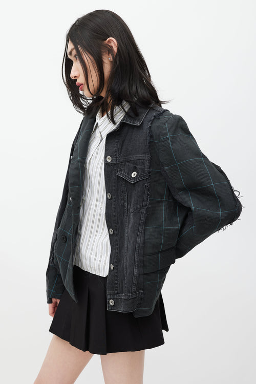 Sacai Grey & Green Asymmetrical Denim Blazer Jacket