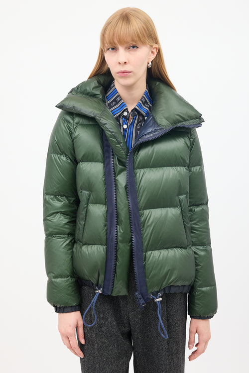 Sacai Luck Green Nylon Asymmetric Zip Puffer Jacket