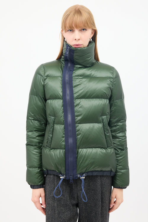 Sacai Luck Green Nylon Asymmetric Zip Puffer Jacket