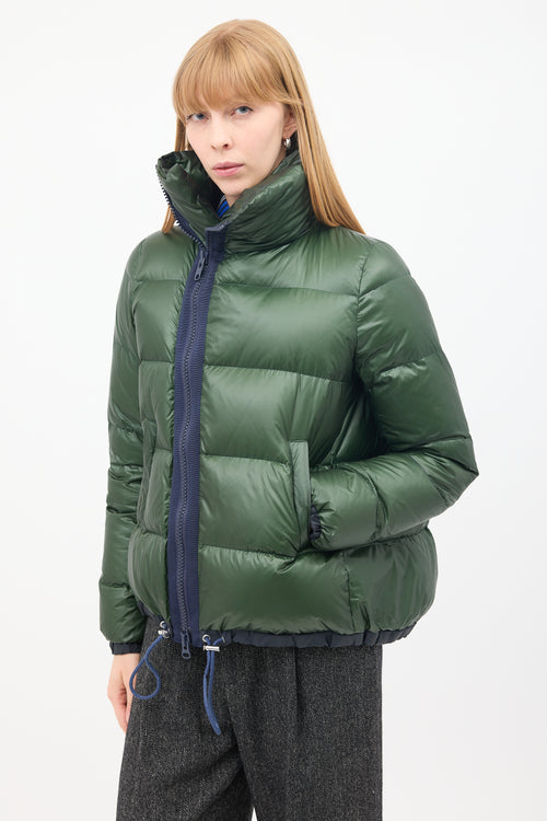 Sacai Luck Green Nylon Asymmetric Zip Puffer Jacket