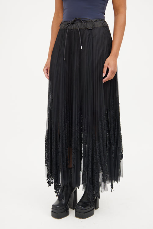 Sacai Black Pleated Lace & Mesh Skirt