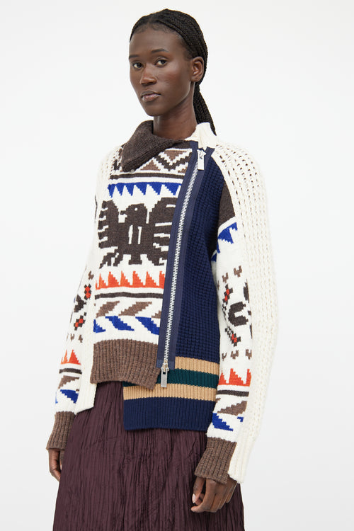 Sacai Brown Multi Colour Knit Zip Sweater