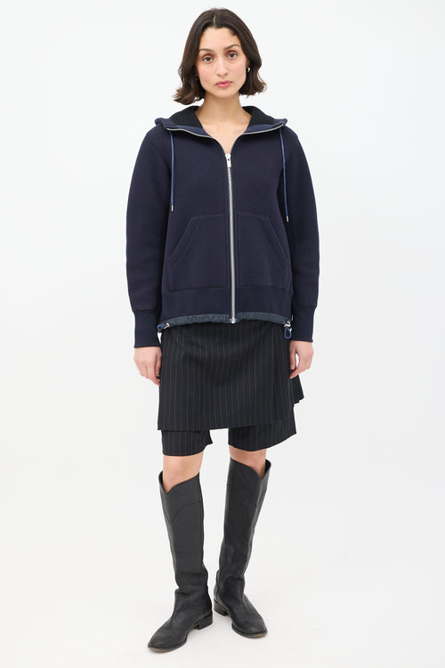 Sacai Navy Cotton & Nylon Neoprene Zip Hoodie