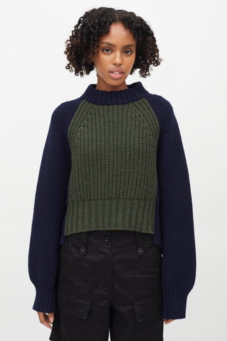 Sacai Navy & Green Ribbed Knit Sweater