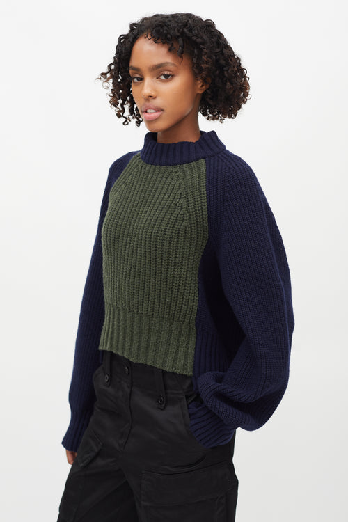 Sacai Navy & Green Ribbed Knit Sweater
