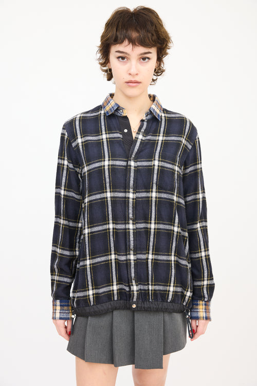 Sacai Navy & Multi Cotton Drawstring Hem Plaid Shirt