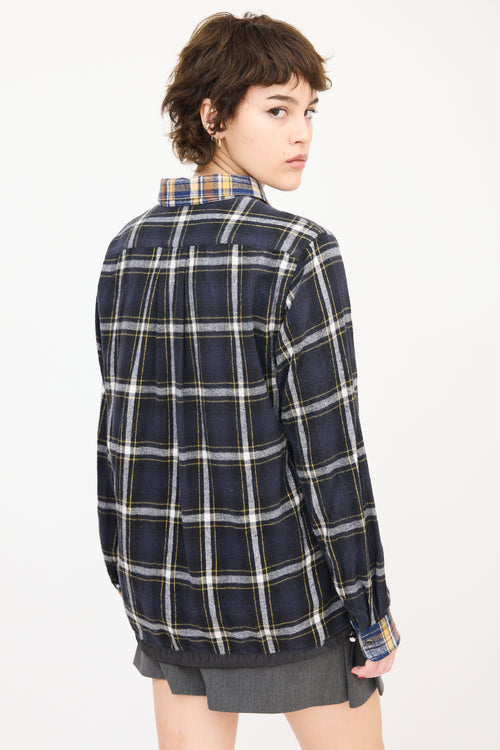 Sacai Navy & Multi Cotton Drawstring Hem Plaid Shirt