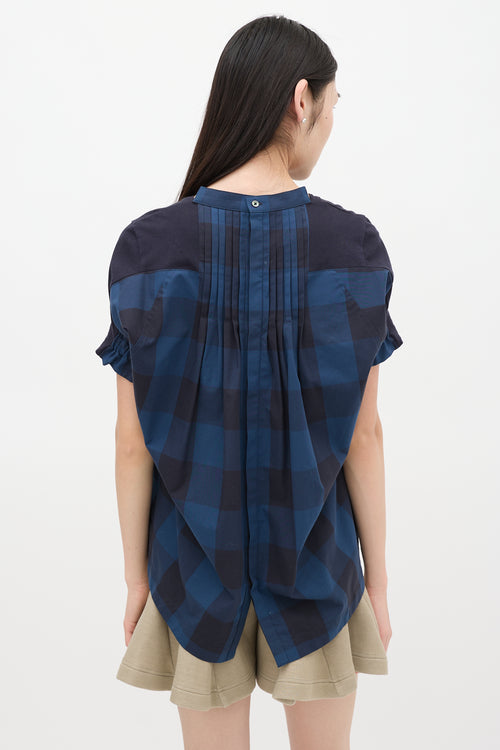 Sacai Navy Pleated Plaid T-Shirt