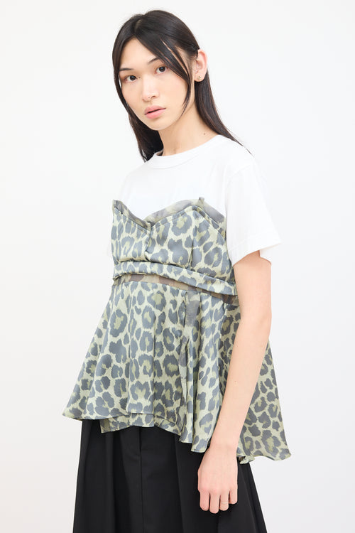 Sacai White & Green Printed Overlay T-Shirt