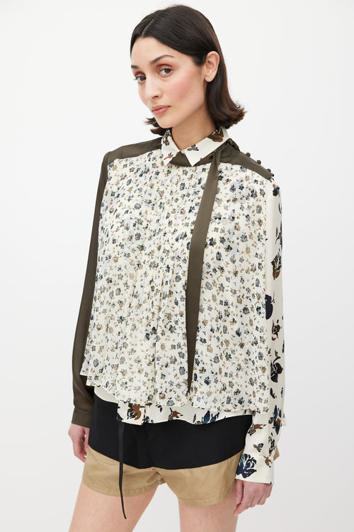 Sacai Green & Multicolour Asymmetrical Floral Shirt