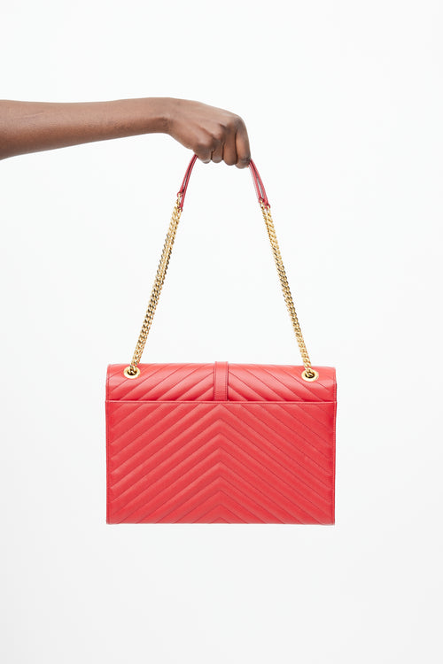 Saint Laurent 2014 Red Chevron Leather Large Envelope Bag