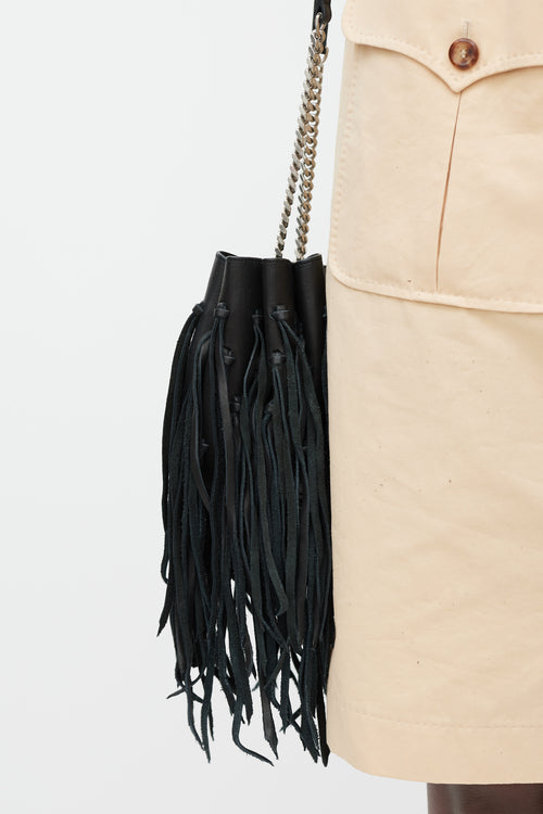 Saint Laurent 2015 Black Leather Fringe Monogram Mini Bourse Bucket Bag