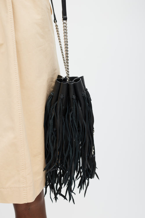 Saint Laurent 2015 Black Leather Fringe Monogram Mini Bourse Bucket Bag