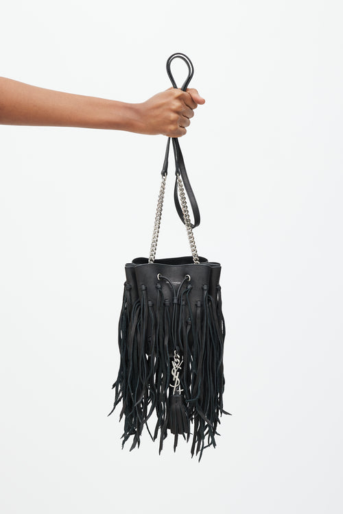 Saint Laurent 2015 Black Leather Fringe Monogram Mini Bourse Bucket Bag