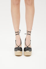 Saint Laurent Beige & Black Leather Wedge Espadrille Sandal