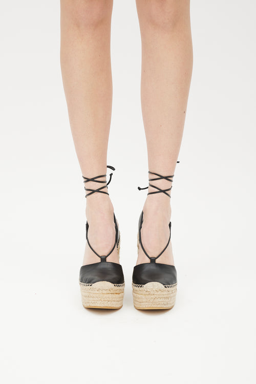 Saint Laurent Beige & Black Leather Wedge Espadrille Sandal
