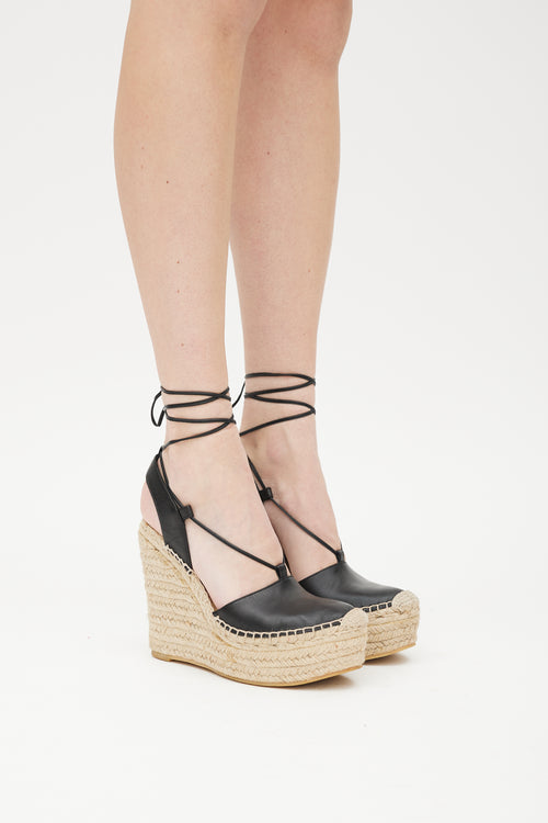 Saint Laurent Beige & Black Leather Wedge Espadrille Sandal