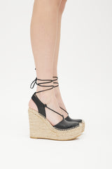 Saint Laurent Beige & Black Leather Wedge Espadrille Sandal