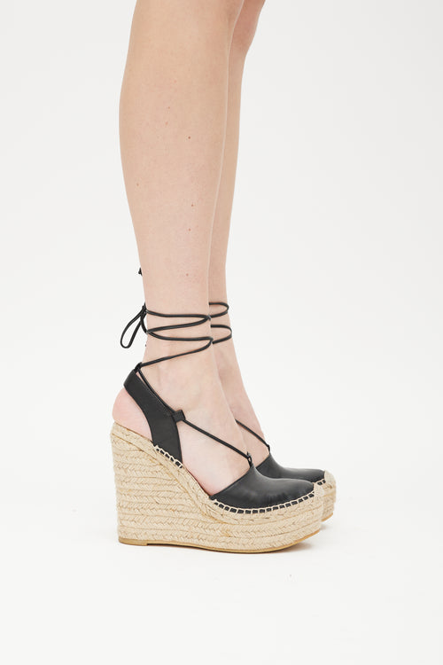 Saint Laurent Beige & Black Leather Wedge Espadrille Sandal