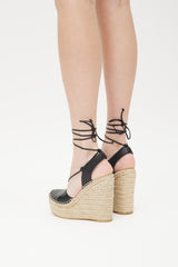 Saint Laurent Beige & Black Leather Wedge Espadrille Sandal