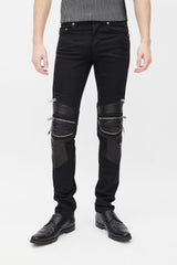 Saint Laurent Black Denim & Leather Slim Biker Pant