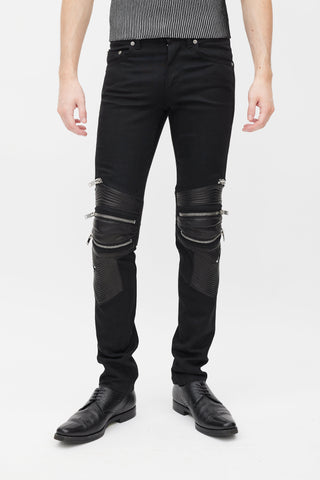 Saint Laurent Black Denim & Leather Slim Biker Pant