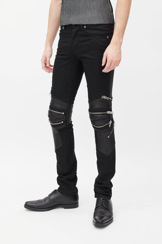 Saint Laurent Black Denim & Leather Slim Biker Pant