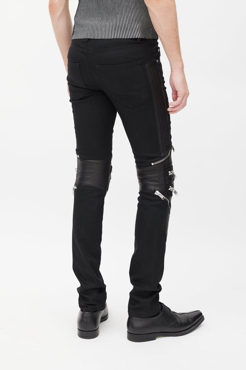 Saint Laurent Black Denim & Leather Slim Biker Pant