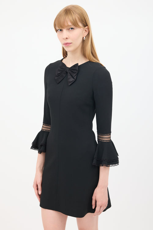 Saint Laurent Black Flounce Sleeve Bow Mini Sheath Dress